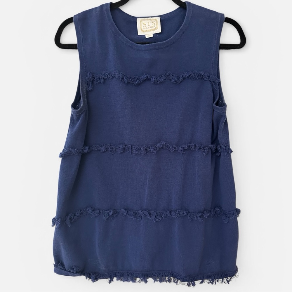 Sail to Sable Navy Sleeveless Fringe-Trim Tank